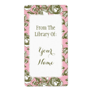 Elegante bibliotheek van gouden rozen op roze boek etiket