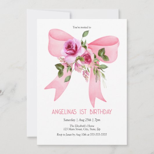 Elegante Big Pink Bow Roos Bloemen Verjaardag Kaart (Voorkant)