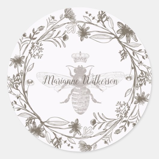 Elegante bij en kroonnaam ronde sticker (Voorkant)