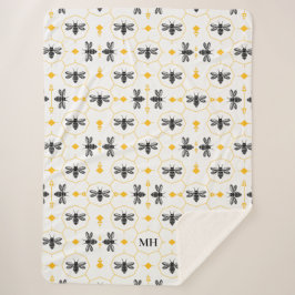 Elegante Bij Patroon Geel Modern Zwart Monogram Sherpa Deken