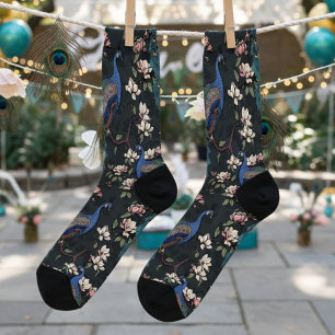 Elegante bijna zwarte pauwen en Magnolia bloemen Sokken