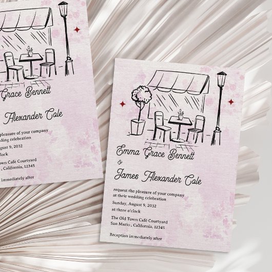 Elegante binnenplaats bistro thema romantische bru kaart
