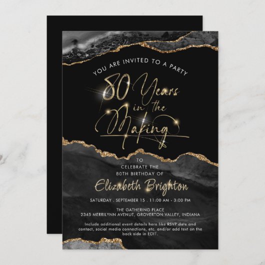 Elegante Black Agate Gold Script 80e verjaardag Kaart (Voorkant / Achterkant)