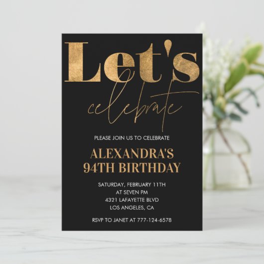 Elegante Black and Gold 94e verjaardag uitnodiging (Staand voorkant)