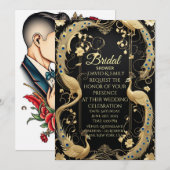 Elegante Black and Gold Floral bruiloft uitnodigin Kaart (Voorkant / Achterkant)