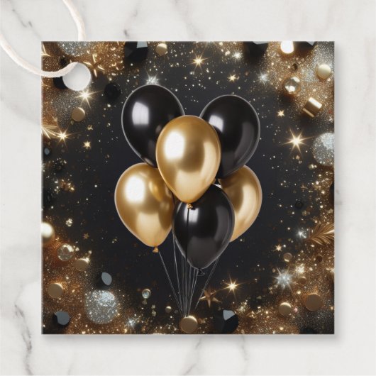 Elegante Black and Gold Glitter Ballon Verjaardag Bedankjes Labels (Voorkant)