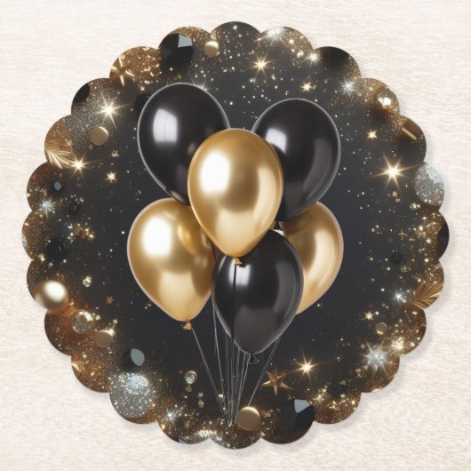 Elegante Black and Gold Glitter Ballon Verjaardag Kartonnen Onderzetters (Voorkant)