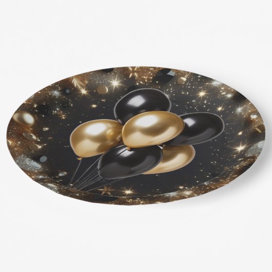 Elegante Black and Gold Glitter Ballon Verjaardag Papieren Bordje (Gekanteld)