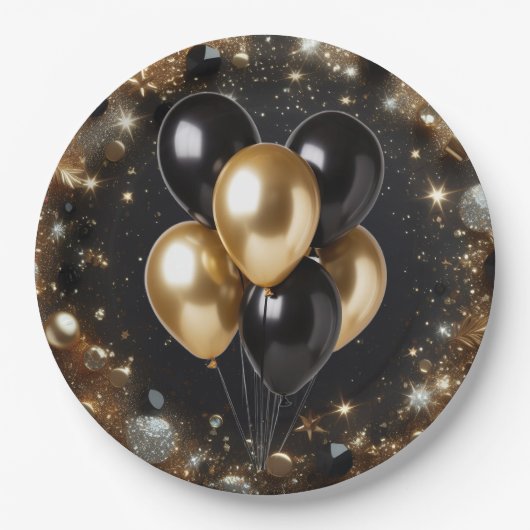 Elegante Black and Gold Glitter Ballon Verjaardag Papieren Bordje (Voorkant)