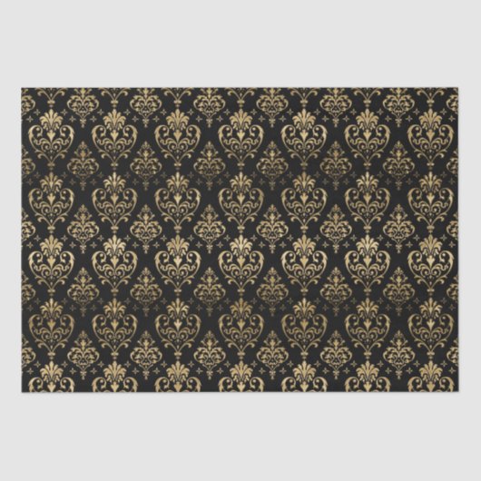 Elegante Black and Gold Hearts Valentijns Damask Tissuepapier (Voorkant)