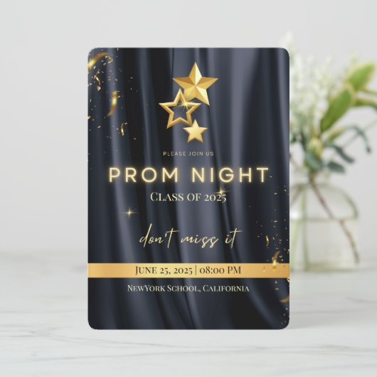 Elegante Black and Gold Prom Night Invitation 2025 Save The Date (Staand voorkant)