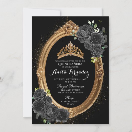 Elegante Black and Gold Quinceanera Uitnodiging (Voorkant)