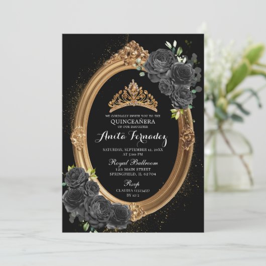 Elegante Black and Gold Quinceanera Uitnodiging (Staand voorkant)