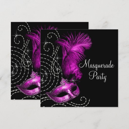 Elegante Black and Hot Pink Masquerade Party Kaart (Voorkant / Achterkant)
