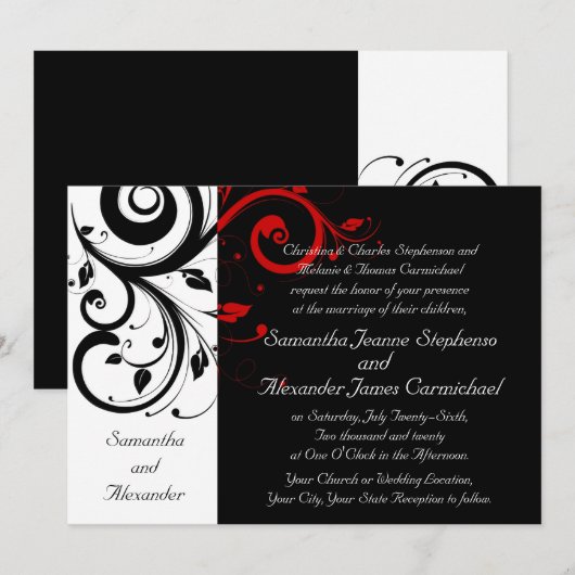 Elegante Black and Red Vines bruiloft uitnodiginge Kaart (Voorkant / Achterkant)