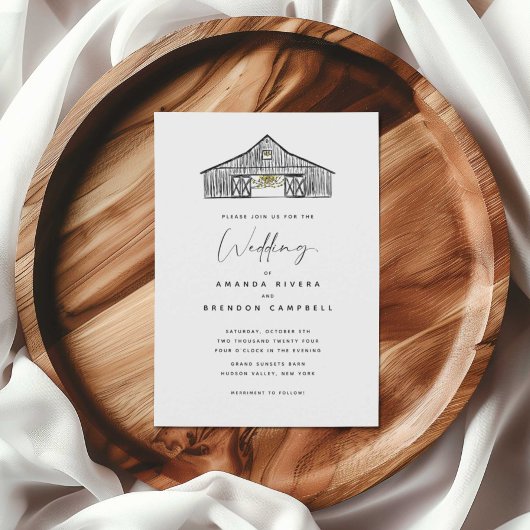 Elegante Black and White Barn bruiloft uitnodiging