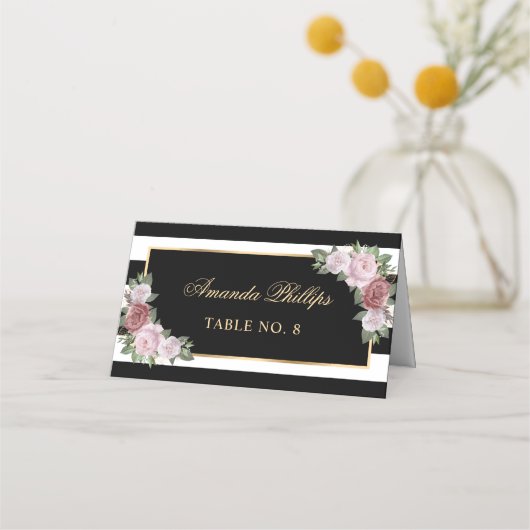 Elegante Black Blush Gold Floral Wedding Plaatskaartje (Voorkant)