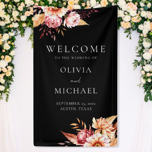 Elegante Black Boho Chic Bloemen Huwelijk Welkom Spandoek
