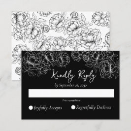 Elegante Black Boho Romantische Bloemen Huwelijk RSVP Kaartje