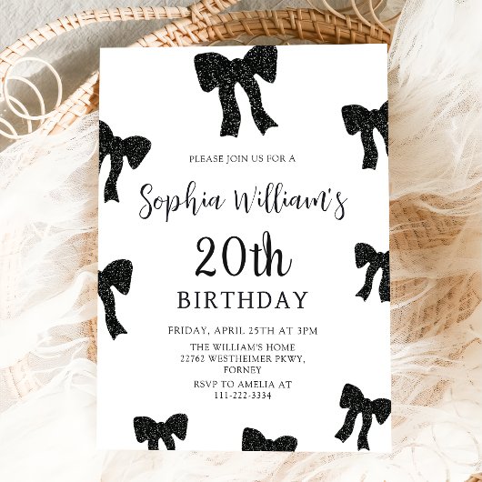 Elegante Black Bow 20e verjaardag Uitnodiging