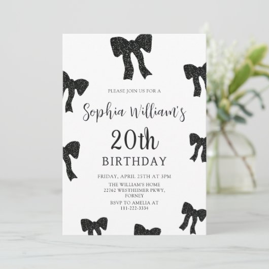 Elegante Black Bow 20e verjaardag Uitnodiging (Staand voorkant)