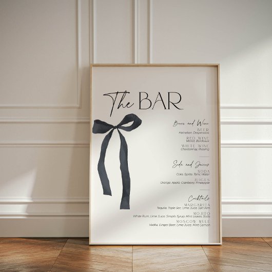 Elegante Black Bow Gothic Bride Bar Menu Cocktail Reclamebord Met Voetstuk