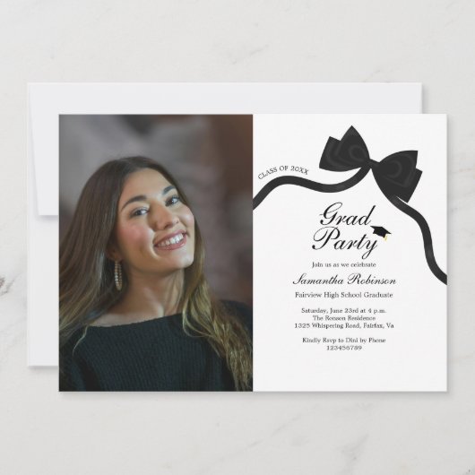 Elegante Black Bow Graduation Party Foto Kaart (Voorkant)