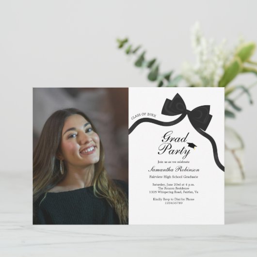 Elegante Black Bow Graduation Party Foto Kaart (Staand voorkant)