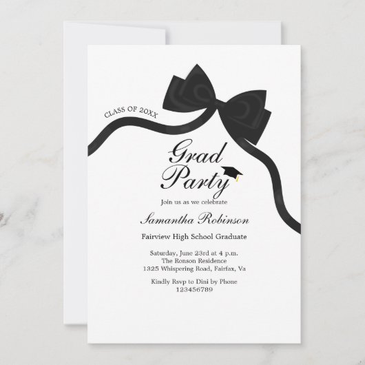 Elegante Black Bow Graduation Party Kaart (Voorkant)