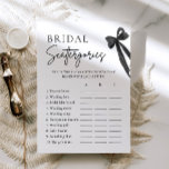 Elegante Black Bow Vrijgezellenfeest Scattergories Kaart<br><div class="desc">Breng wat plezier en gelach aan uw vrijgezellenfeest met deze Elegante Black Bow Scattergories Game 🖤🎀! Gasten zullen hun creativiteit testen door woorden te bedenken die bij elke categorie passen - allemaal beginnend met een specifieke letter! ✨ Dit chique minimalistische ontwerp met een stijlvolle zwarte strik voegt een elegante toets...</div>