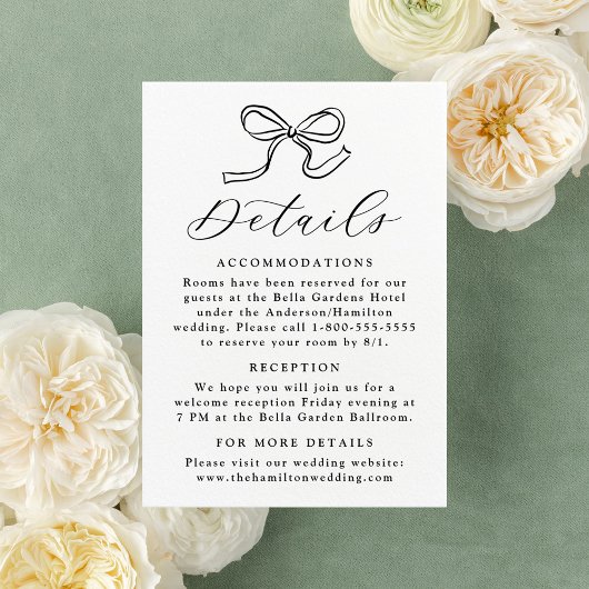 Elegante Black Bow Wedding Details Informatiekaartje