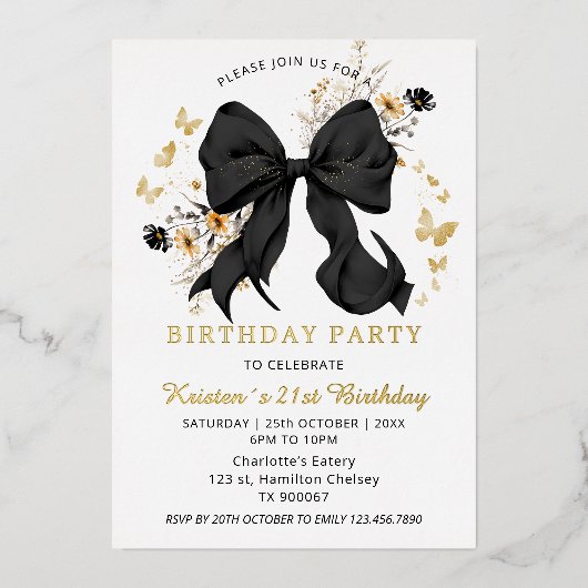 Elegante Black Bow Wildflowers Uitnodiging Goud (Voorkant)