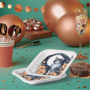 Elegante Black Cat Floral Moon Art - Natuur-inspir Papieren Bordje