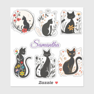 Elegante Black Cat Stickers met bewerkbare naam