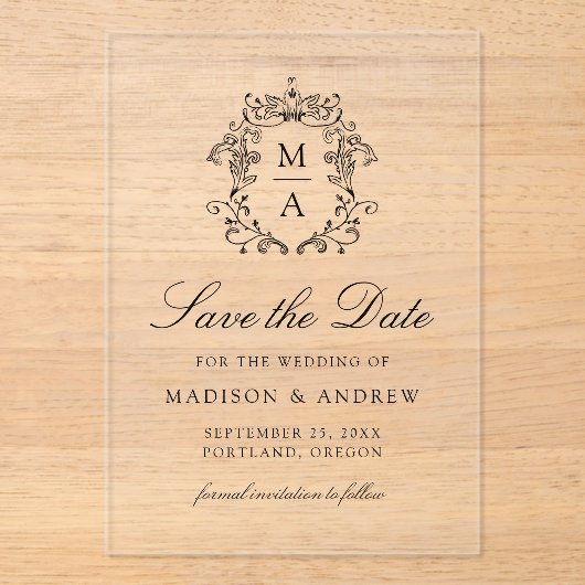 Elegante Black Chinoiserie Wedding Save the Date Acryl Uitnodigingen (Voorkant)