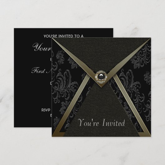 Elegante Black Damask Black and Gold Party Kaart (Voorkant / Achterkant)