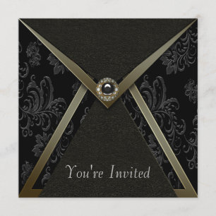 Elegante Black Damask Black and Gold Party Kaart