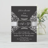 Elegante Black Damask en Zilveren bruiloft uitnodi Kaart (Staand voorkant)