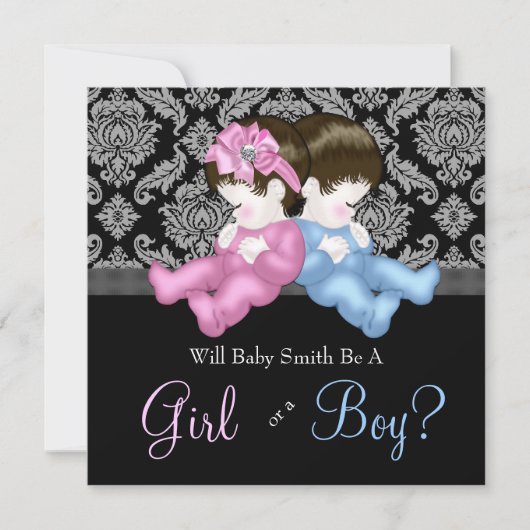Elegante Black Damask Geslacht Reveal Douche Kaart (Voorkant)