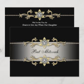 Elegante Black Diamond Gold Bat Mitswa Uitnodiging (Voorkant / Achterkant)