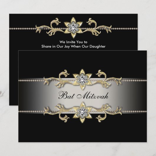 Elegante Black Diamond Gold Bat Mitswa Uitnodiging (Voorkant / Achterkant)