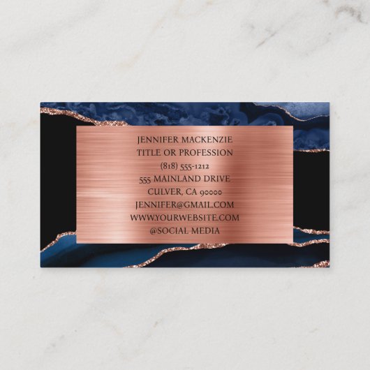 Elegante Black en Navy Blue Roos Gold Agaat Luxury Visitekaartje (Achterkant)