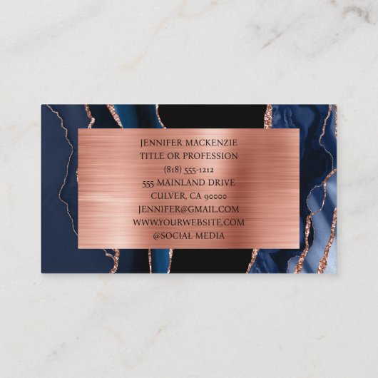 Elegante Black en Navy Blue Roos Gold Agaat Luxury Visitekaartje (Achterkant)