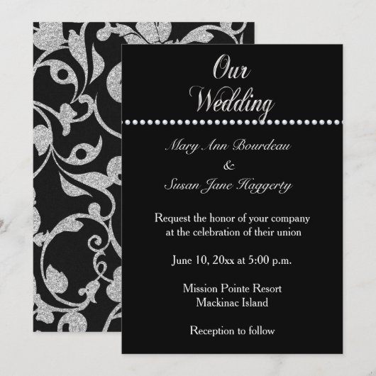 Elegante Black en Silver bruiloft uitnodiging (Voorkant / Achterkant)