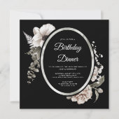 Elegante Black Floral Verjaardag Dinner Party Kaart (Voorkant)