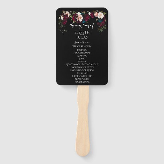 Elegante Black Floral Wedding Program Set van fans Handwaaier (Voorkant)