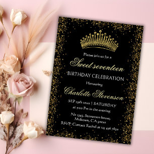 Elegante Black Glitter Gold Crown Sweet 17 Verjaar Kaart