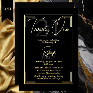 Elegante Black Gold 21e Verjaardag Art Deco Feestj Folie Uitnodiging