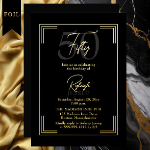 Elegante Black Gold 50e Verjaardag Art Deco Feestj Folie Uitnodiging