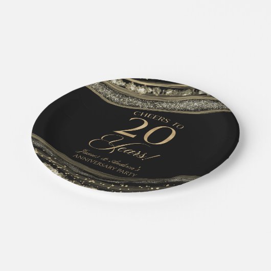 Elegante Black Gold Agaat 20e Jubileum Party Papieren Bordje (Gekanteld)
